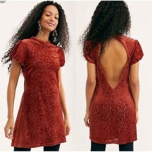 We The Free People Rust Orange Velour Open Back Mini Lace Dress Sz 2/XS Puff Slv